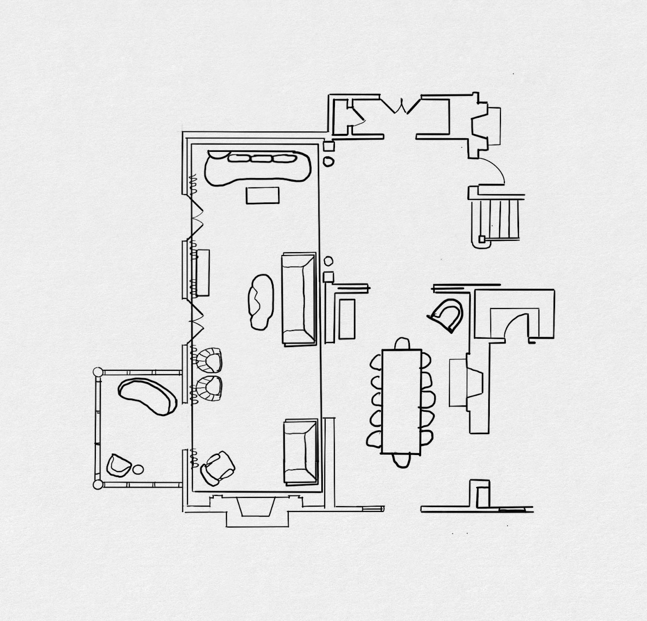 Plan view drawing of rooms with furniture