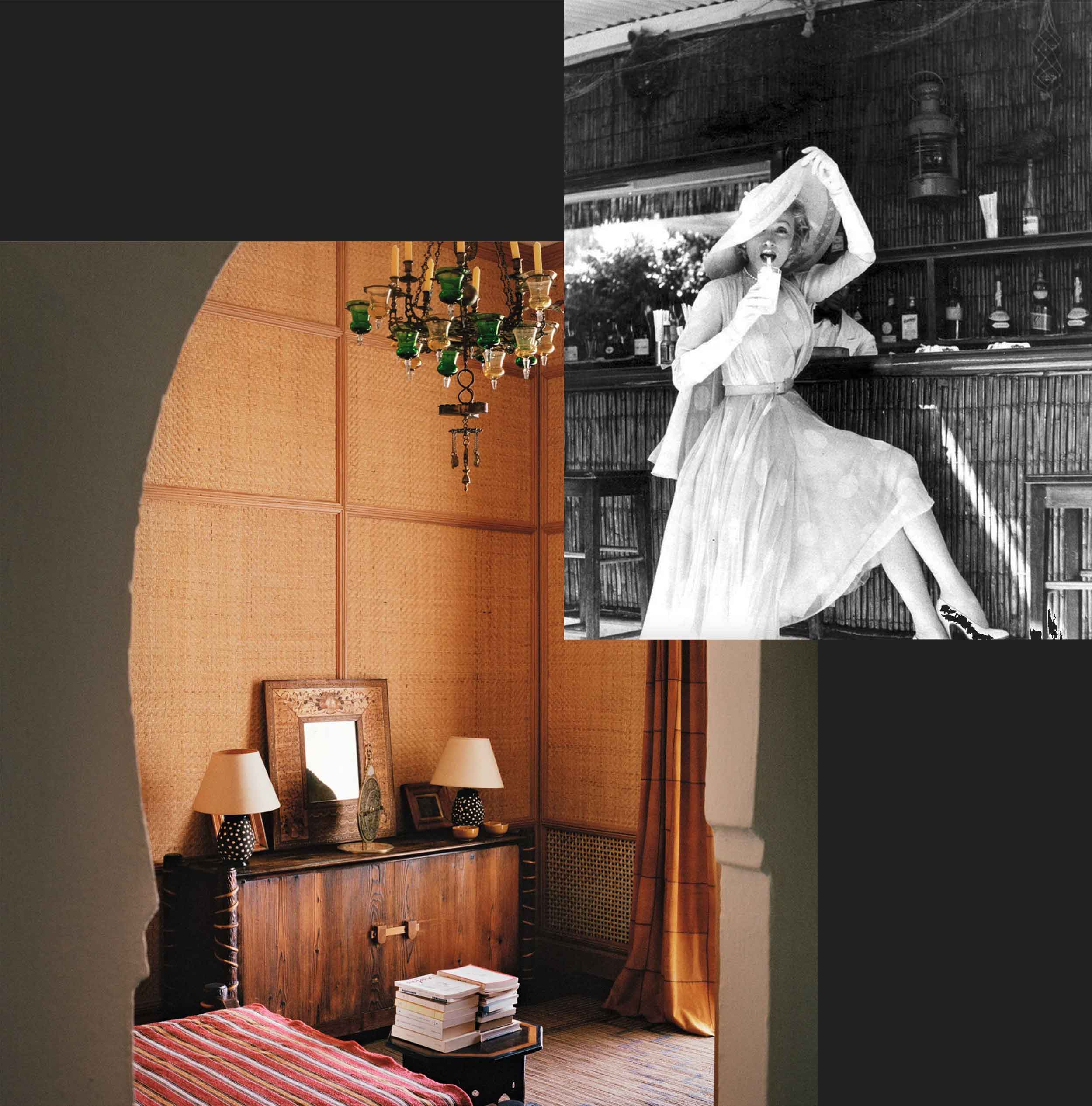Collage with two photographs: black and white image of woman in white dress at a bar, and a warm color bedroom interior with wicker walls