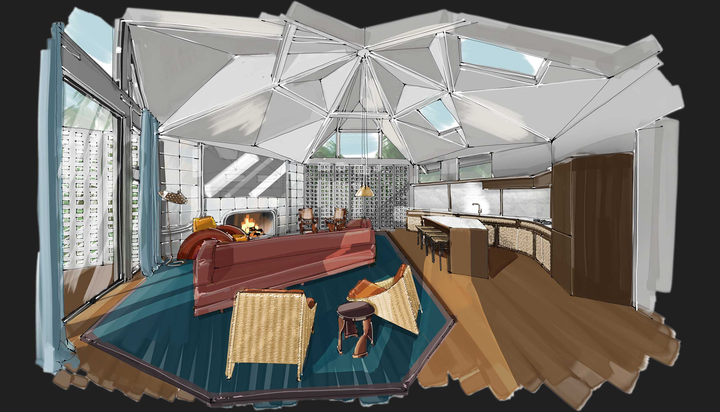 Colorful hand-drawn rendering of expansive lounge room with white geometric-patterned ceiling