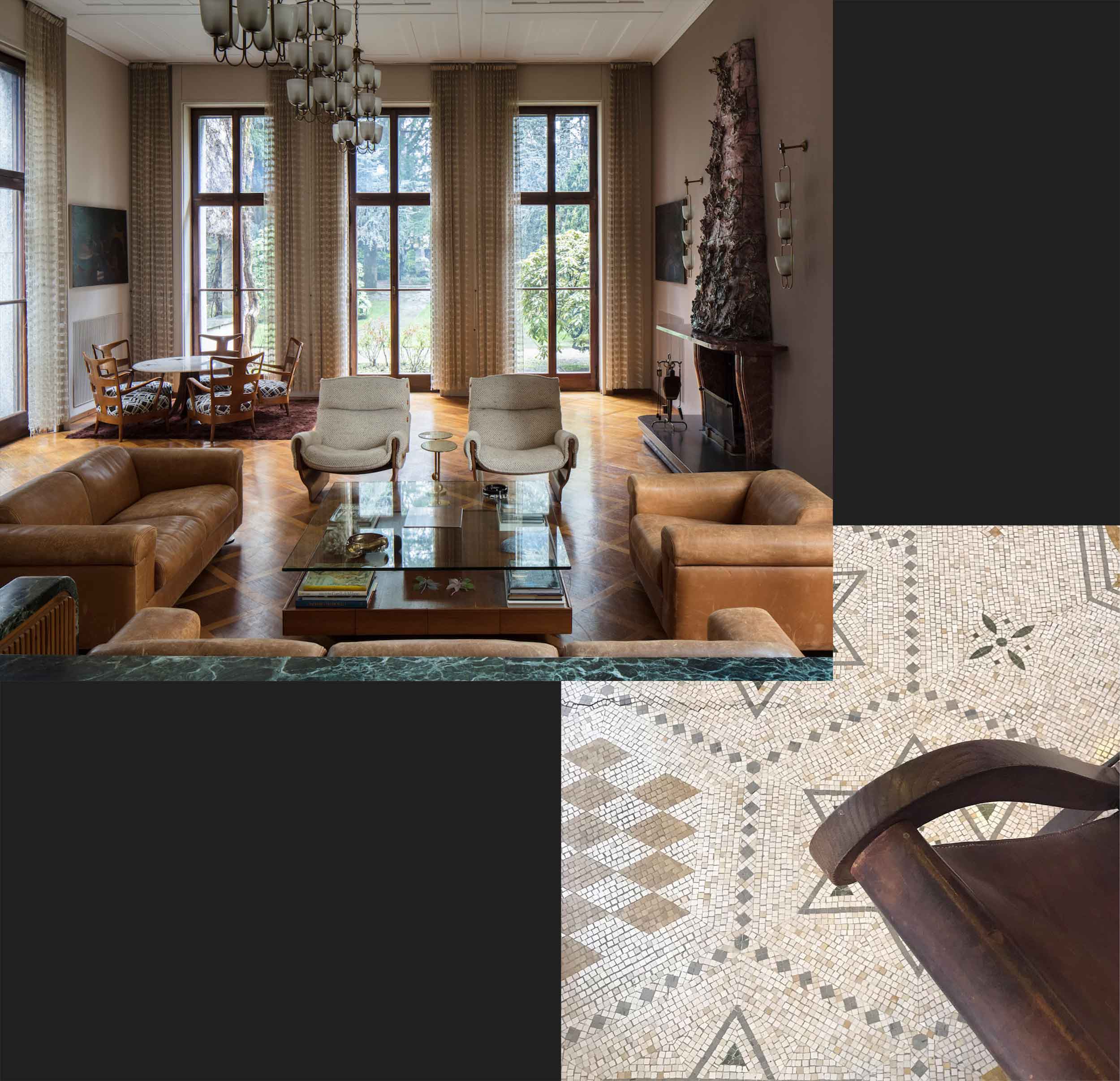 Collage of two photos: a living room and a detail of mosaic tiled pattern floor