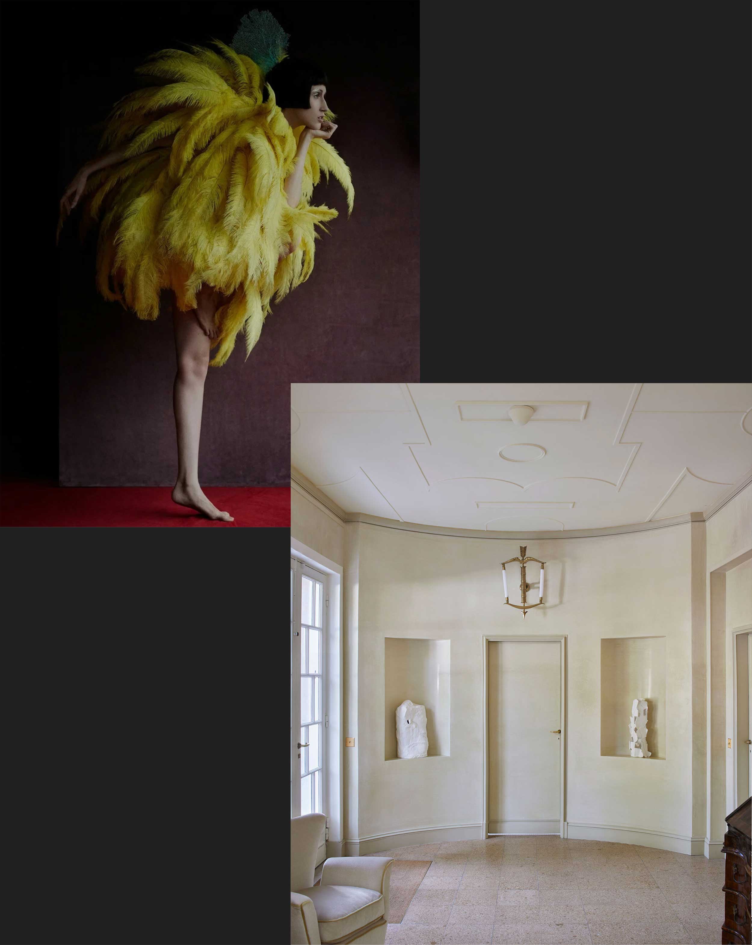 Collage of color photographs: a woman dressed in yellow feathers and a warm off-white circular room with small white sculptures set into the wall