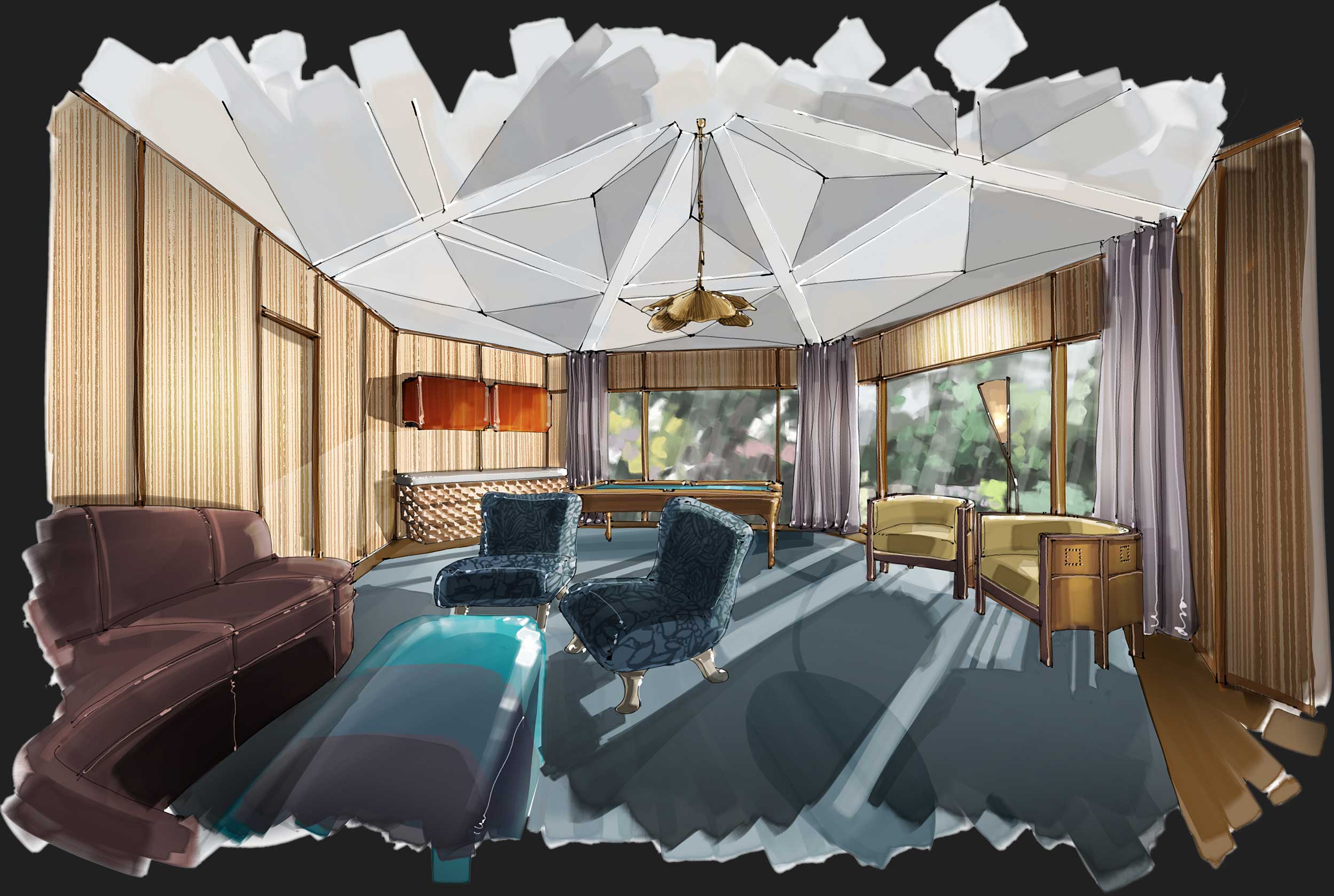 Colorful hand-drawn rendering of lounge-like game room with white geometric-patterned ceiling and dark teal and brown materials