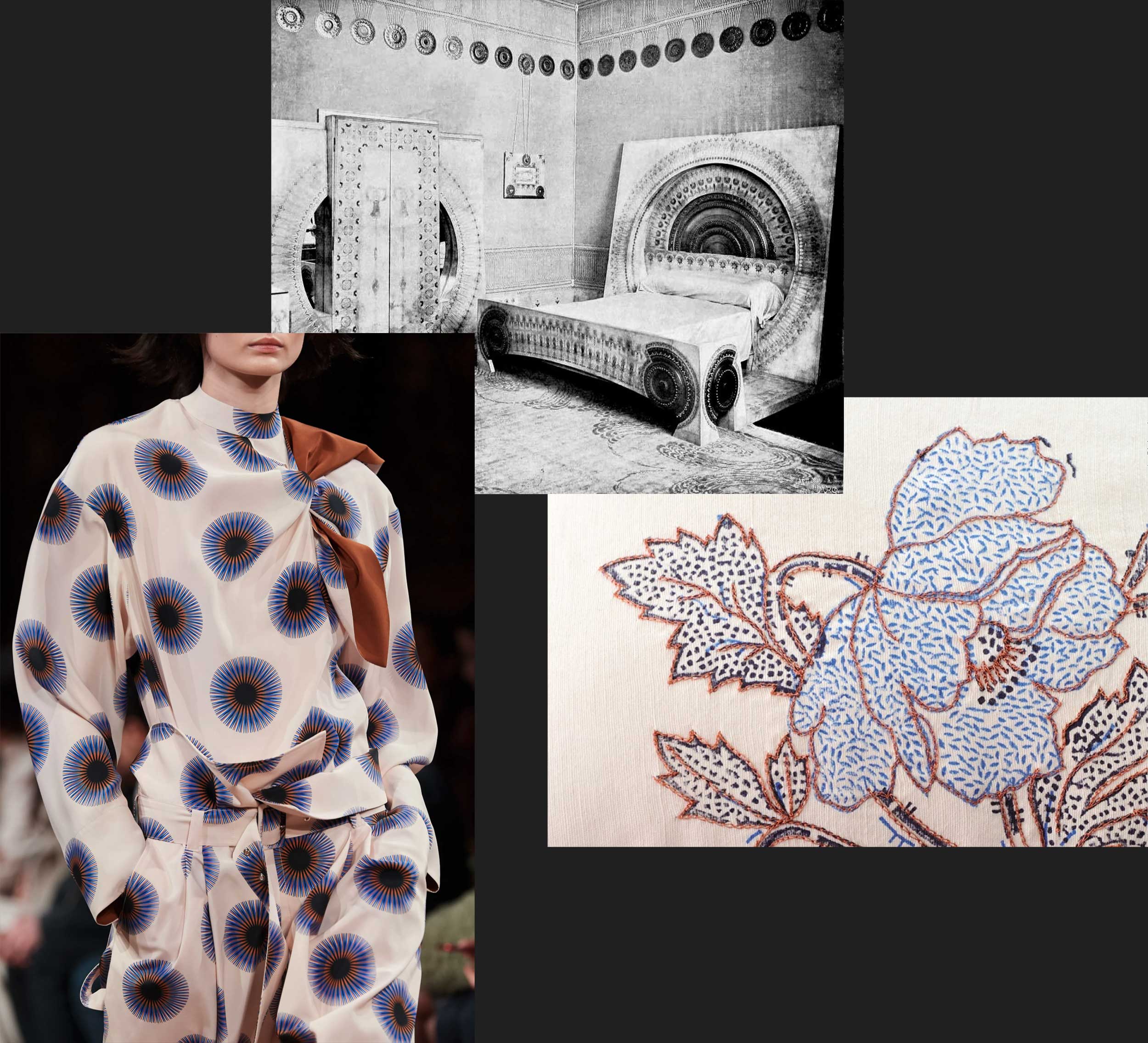 Image collage of home interior, fashion model wearing dress, and textile detail