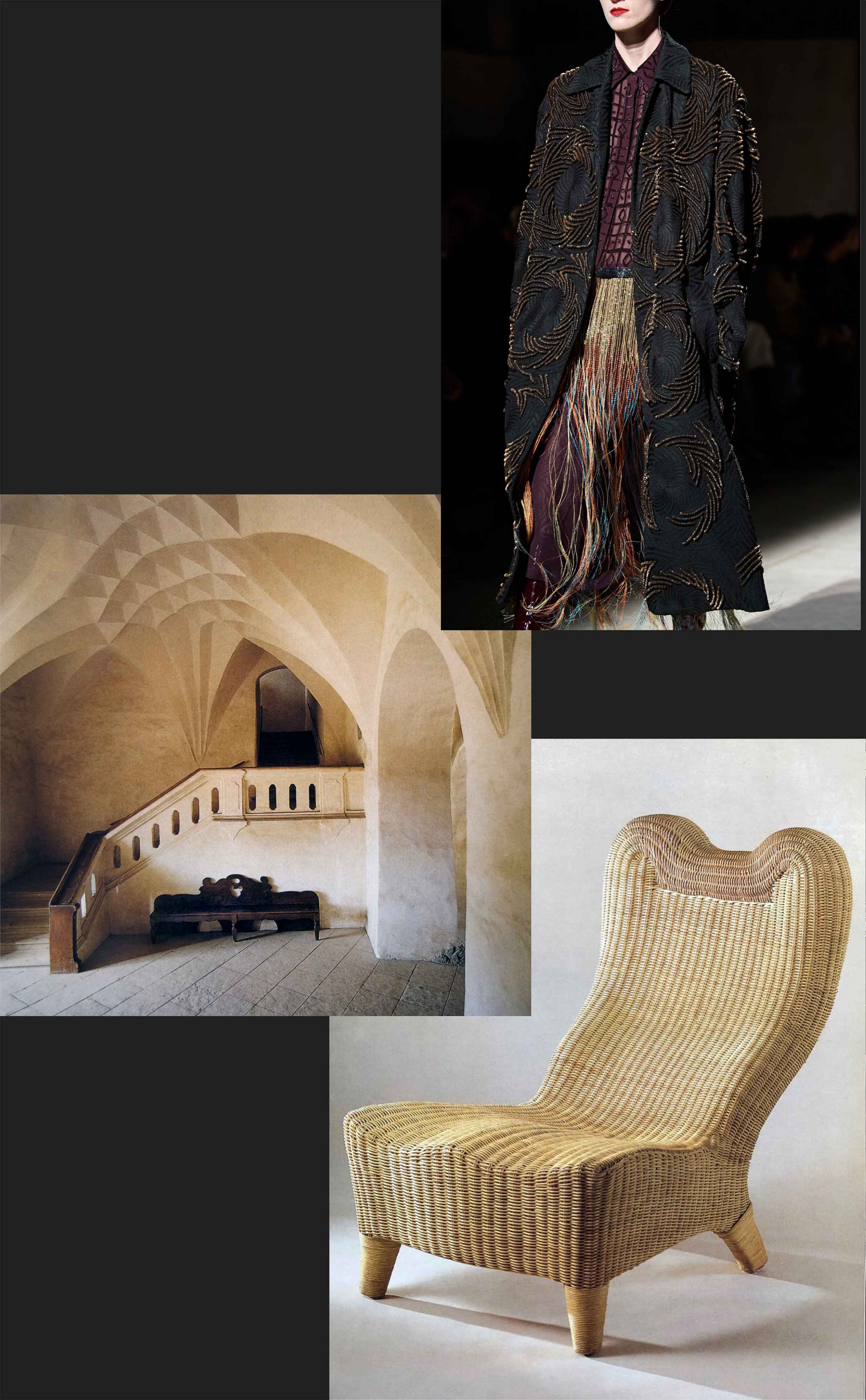 Collage of three photos: fashion model on a runway in a dark coat, a vast interior with carved patterned ceiling, and a sculptural wicker chair