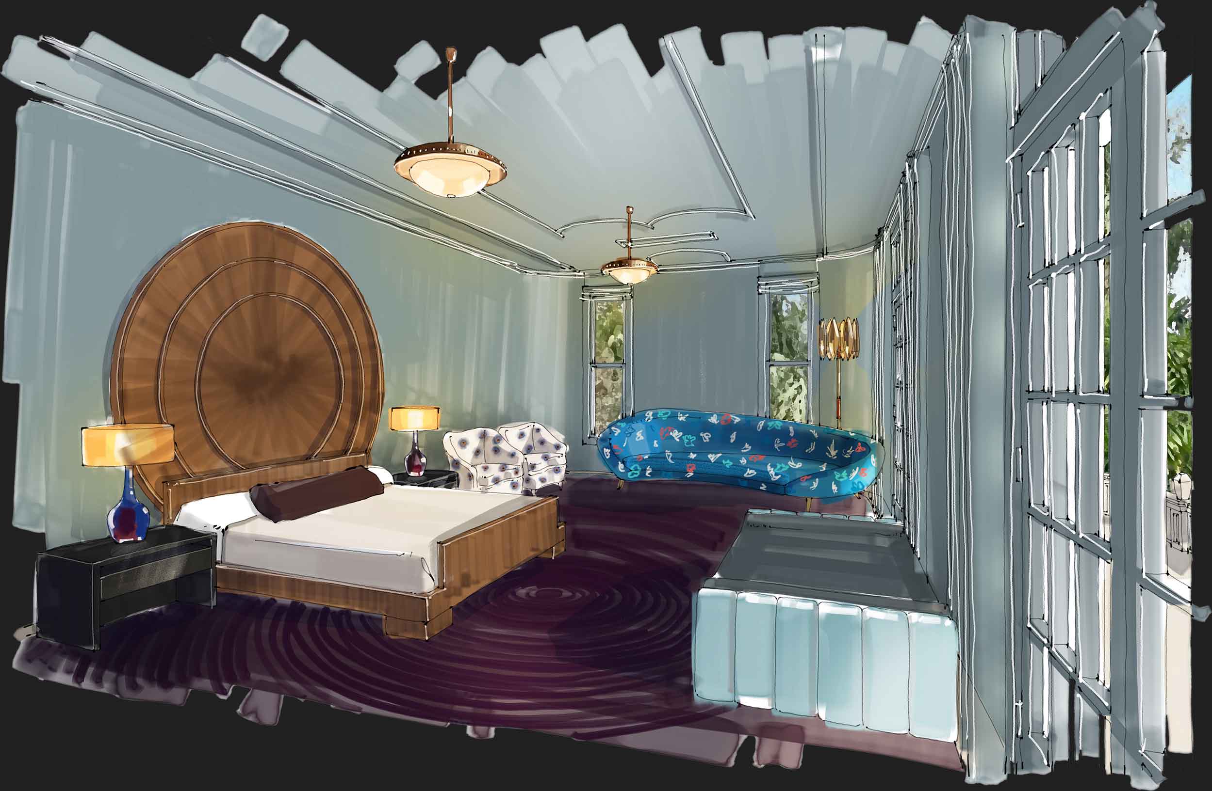 Colorful hand-drawn rendering of bedroom