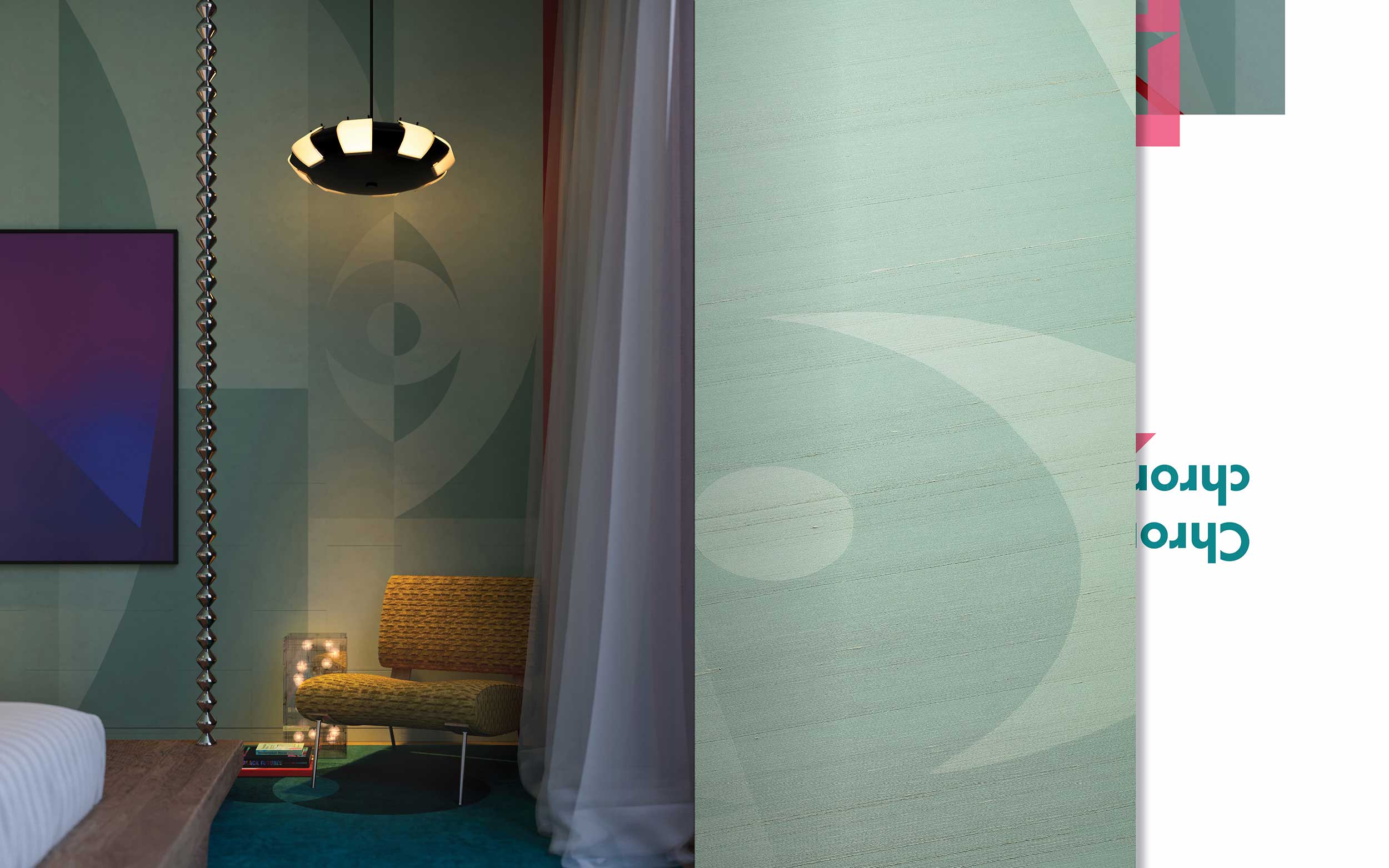 Zine spread showing virtual apartment interior with pale greens and deep purples, next to a detail of a graphic eye-shaped wall covering