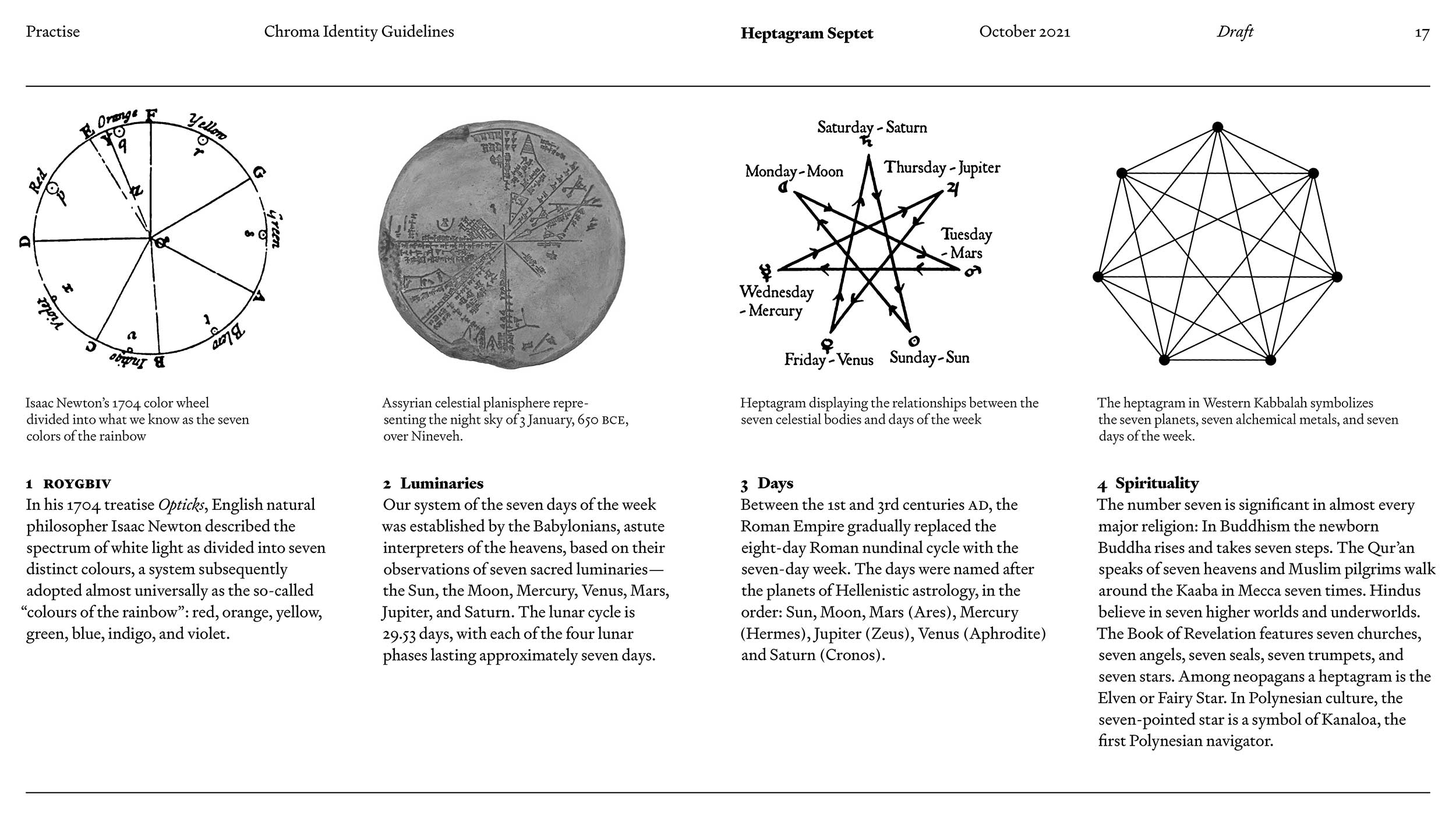 A page from the Chroma identity guidelines document shows four different heptagrams (7-pointed stars), from color to planetary to spiritual