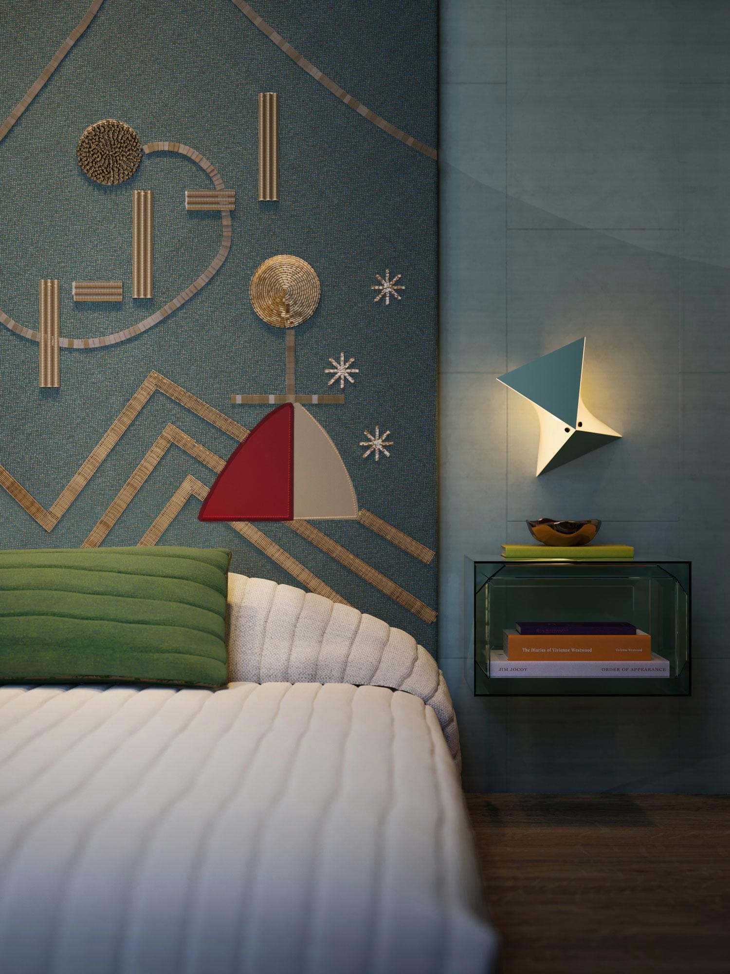 A bedroom detail with wall covering adorned with graphic shapes and stars