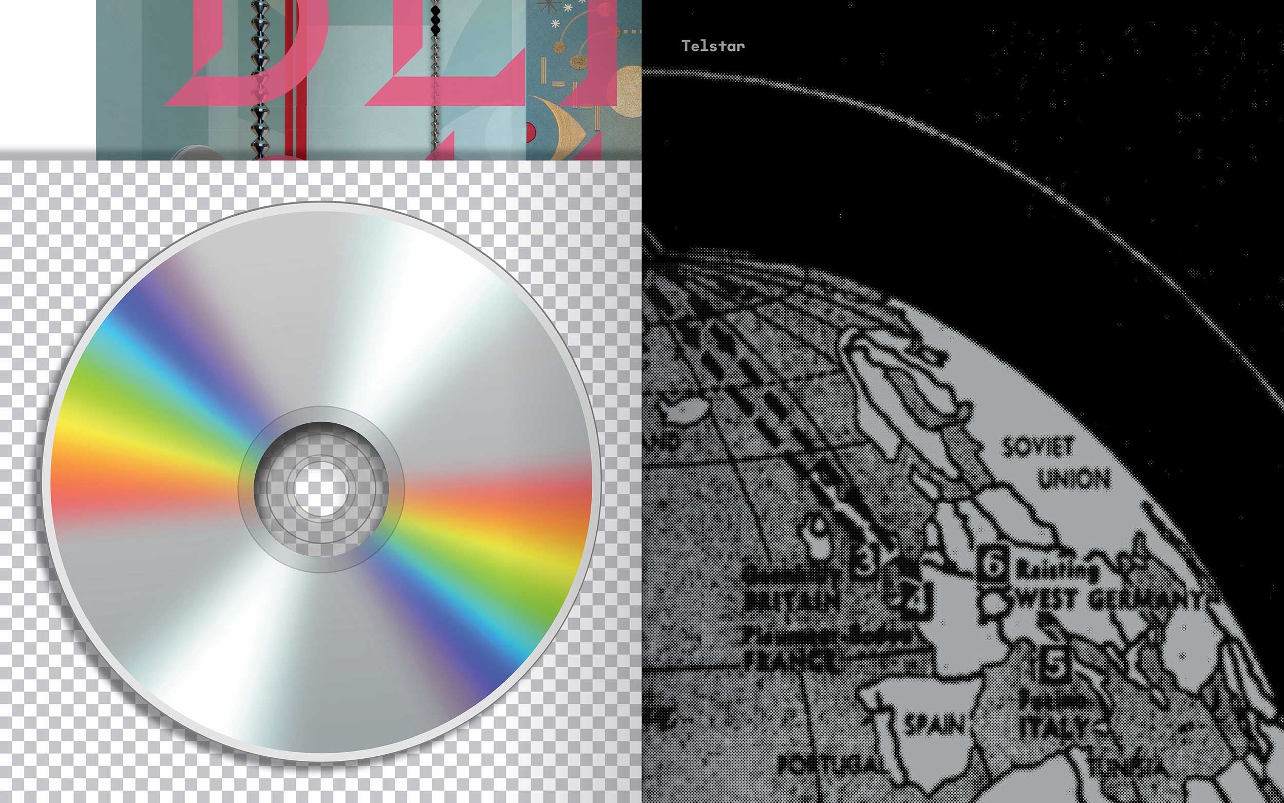 Detail of a zine with shiny rainbow compact disc on grey & white checkerboard pattern, with an old newspaper photo of a satellite trajectory over a map of Europe