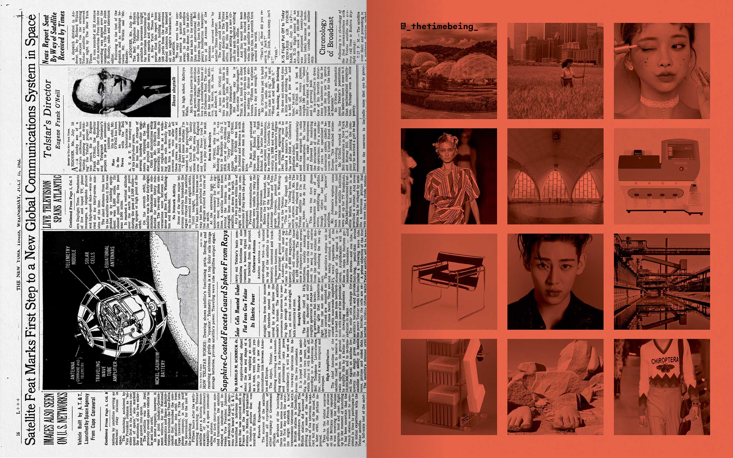 Zine spread showing a reprinted 1962 New York Times article on the Telstar satellite on left with a grid of black-and-white images from ecology to K-beauty to Gucci printed on fluorescent orange paper
