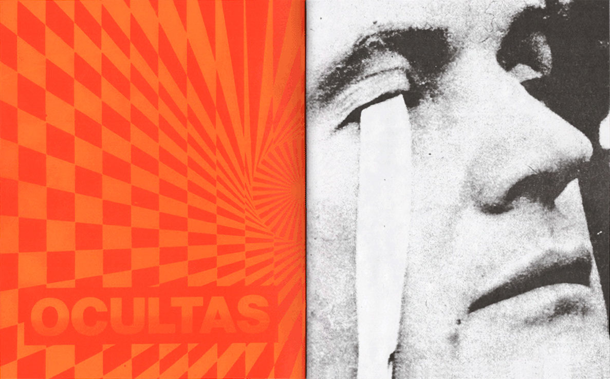 Spread from a zine with vibrant red and orange optical graphics, the word “OCULTAS” in capital letters, facing a black-and-white photo of a man with torn paper coming out of his eyes