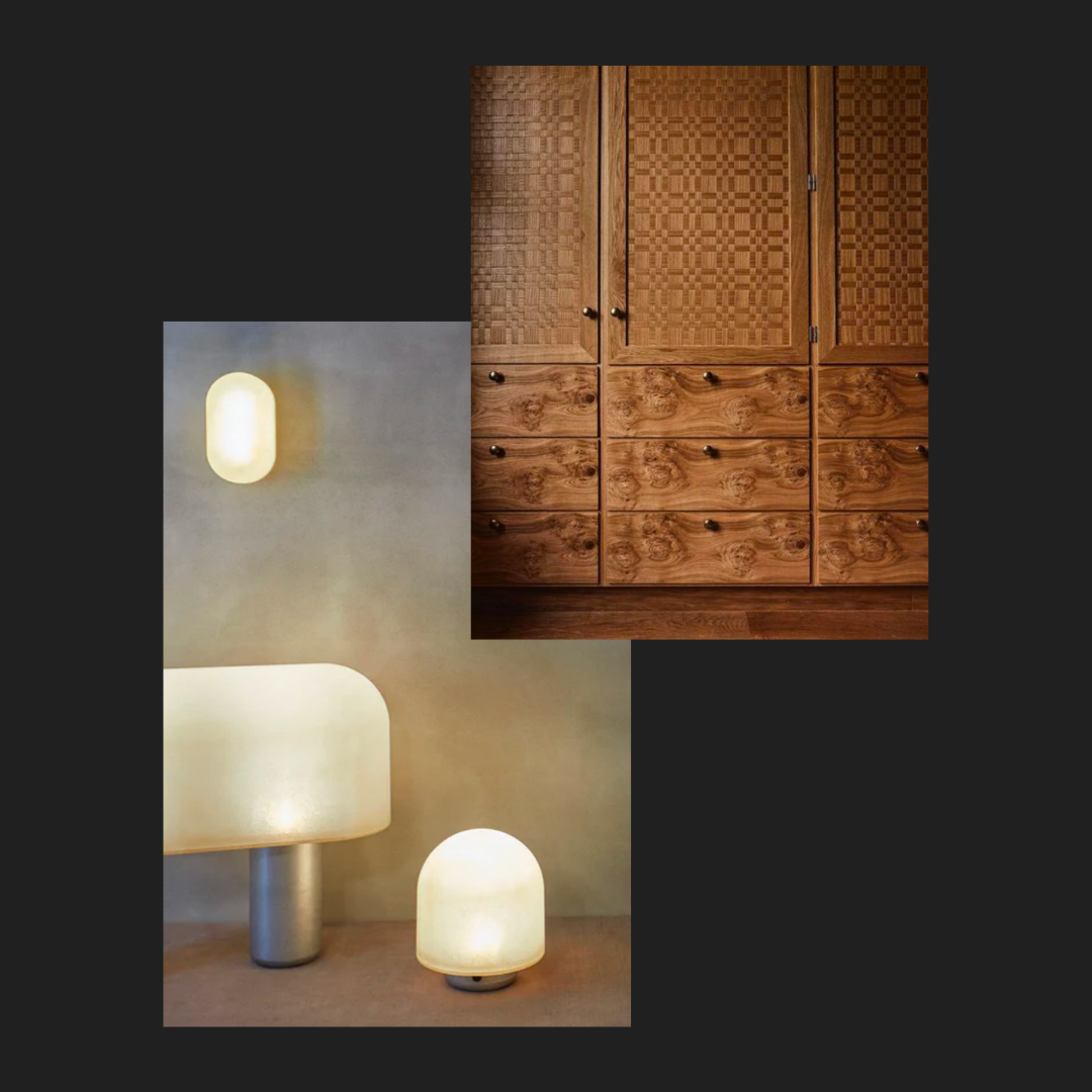 Left: Puffball Floor Lamp by Faye Toogood. Right: Detail of burl wood cabinet by Pernille Lind Studio.