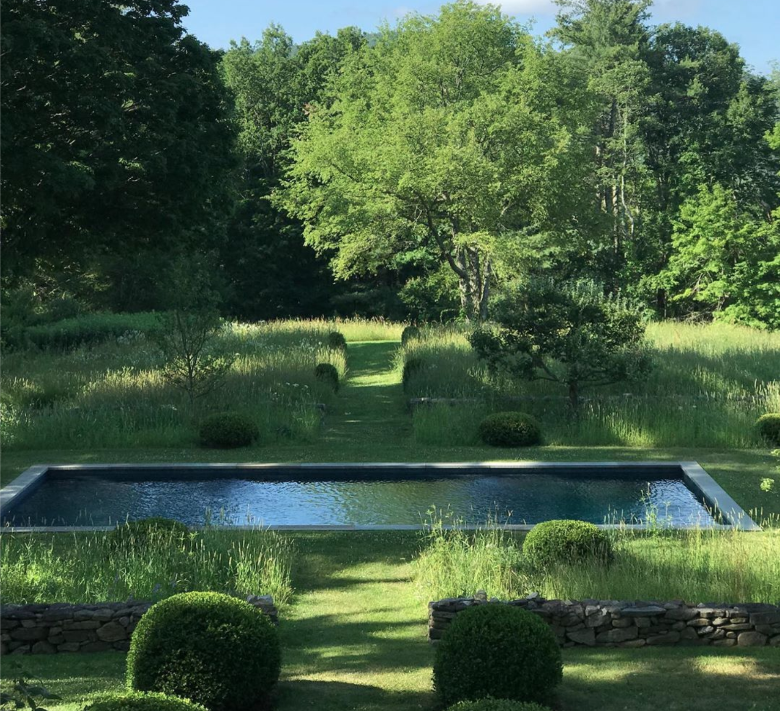 Landscape design by Miranda Brooks. Wild plantings of oxeye daisies, daylilies, and meadow flowers envelop a lazing pool.