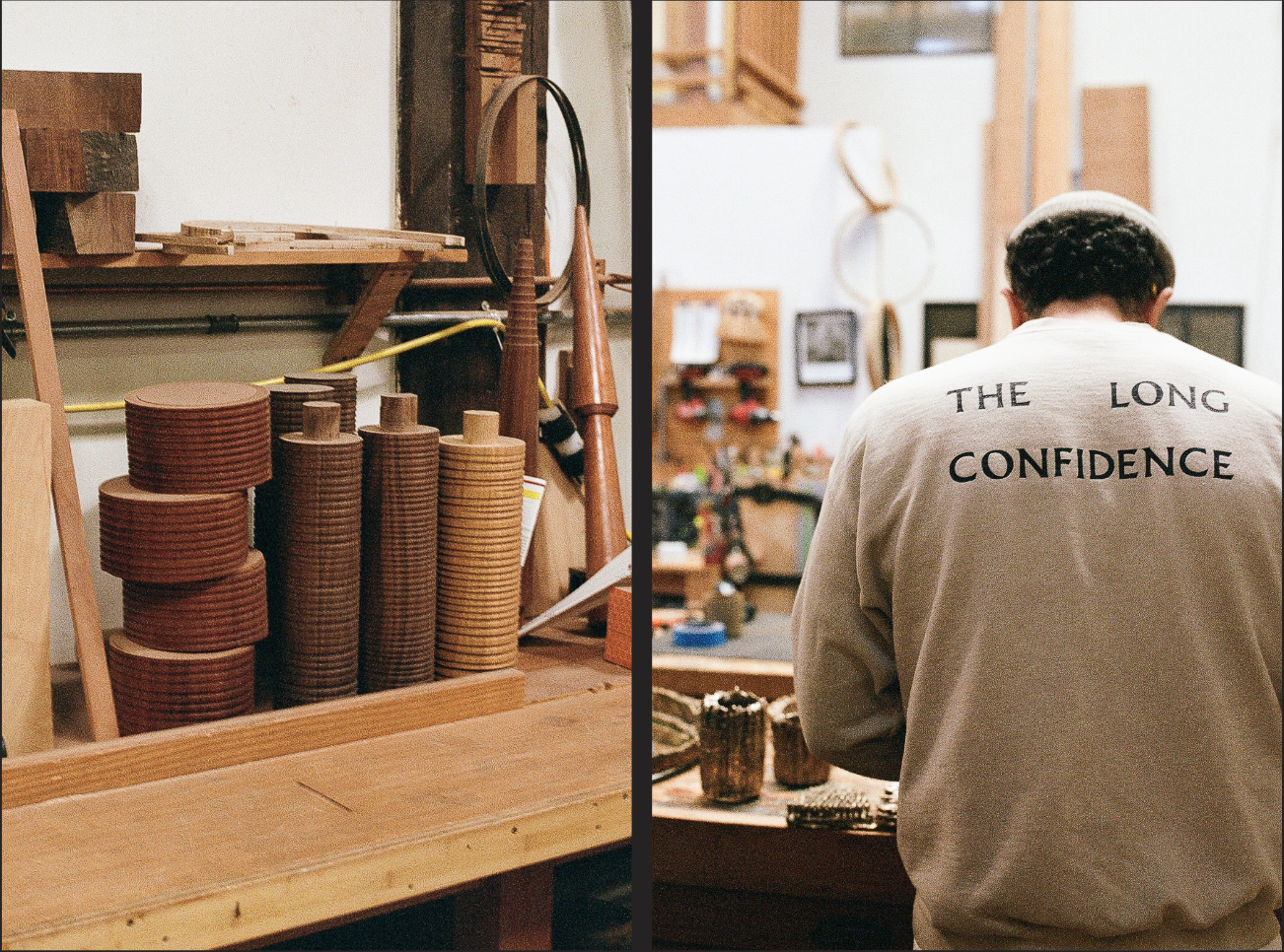 Left: Hand-turned wood parts in The Long Confidence’s Berkeley studio. Right: Founder Rafi Ajl polishes a work in progress.