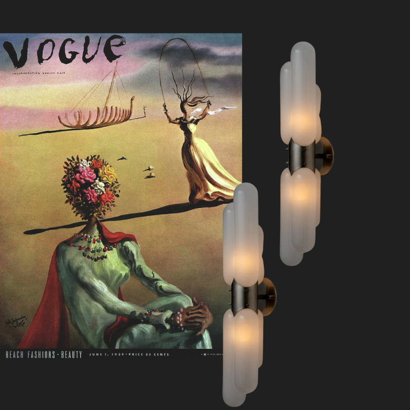 Left: Vogue cover illustration by Salvador Dalí, 1939. Right: Torpedo Sconces by Carlo Nason for Mazzega.