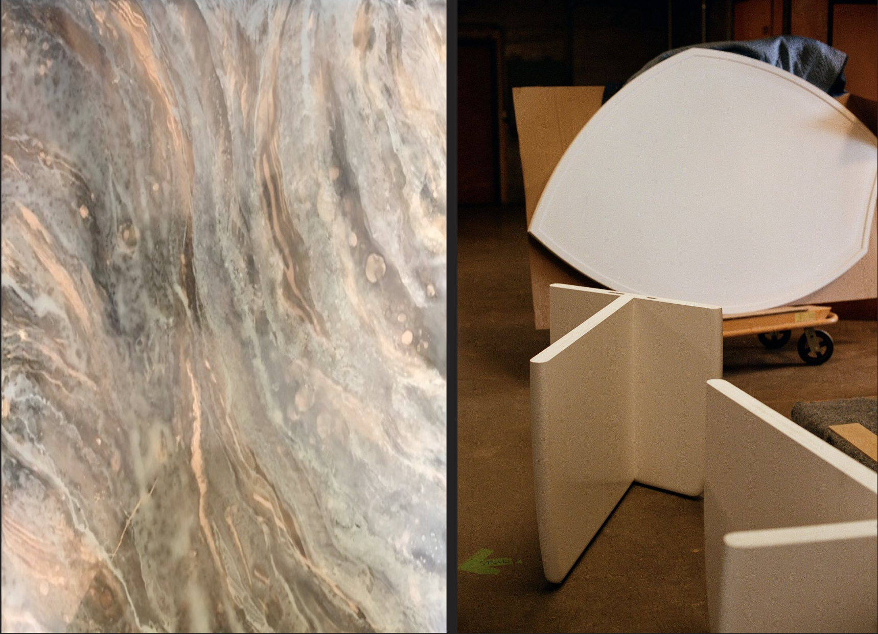 Left: Detail of the custom verre églomisé treatment by Victoria Weiss. Right: Constructed parts of the lacquered wood table base by Julian Giuntoli Custom Furniture.