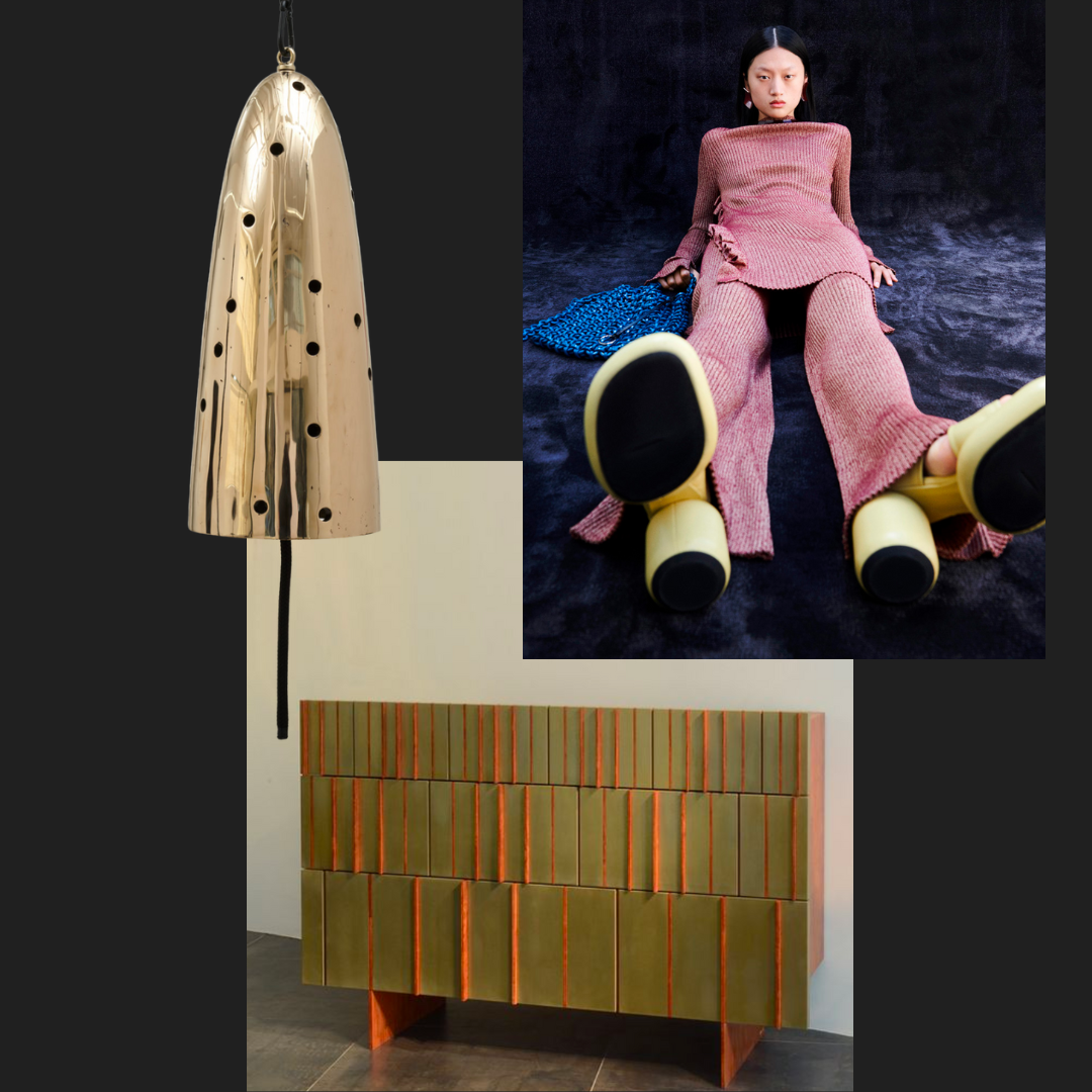 Left: Davina Semo, *Vibrator*, 2019. Polished and patinated cast bronze bell, whipped nylon line, wooden clapper, powder-coated chain, hardware. Center: Chest of Drawers by Damien Hamon. Patinated wood with brass powder. Right: Jil Sander, Resort 2022.