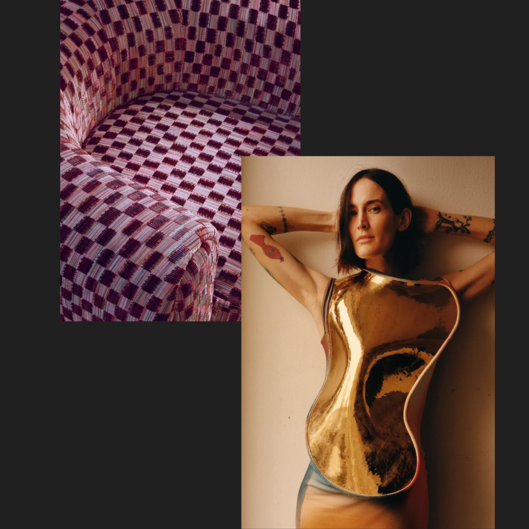 Left: Saqqarah textile in Cyprus colorway by Pierre Frey. Right: *purple MAGAZINE*, The Future Issue, no. 37 (Spring/Summer 2022), photographed by Colin Dodgson.