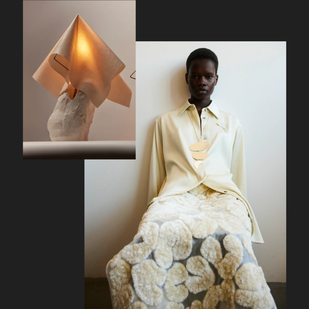 Left: ORA I, sculptural table light by WHITE DIRT STUDIO. Right: Jil Sander, Resort 2024.