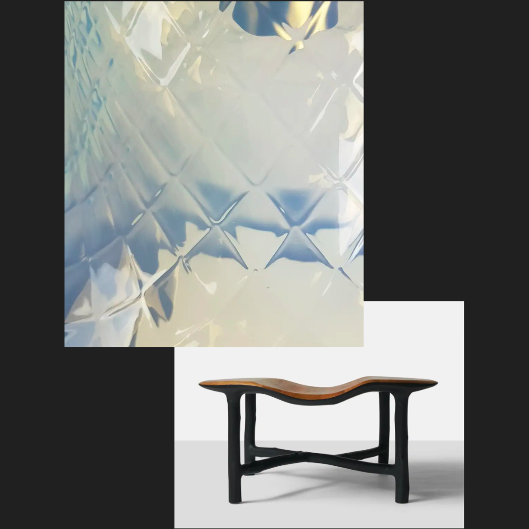 Left: Detail of an incandescent vintage Murano glass light. Right: Bended Coffee Table in Oak by Valentin Loellmann.