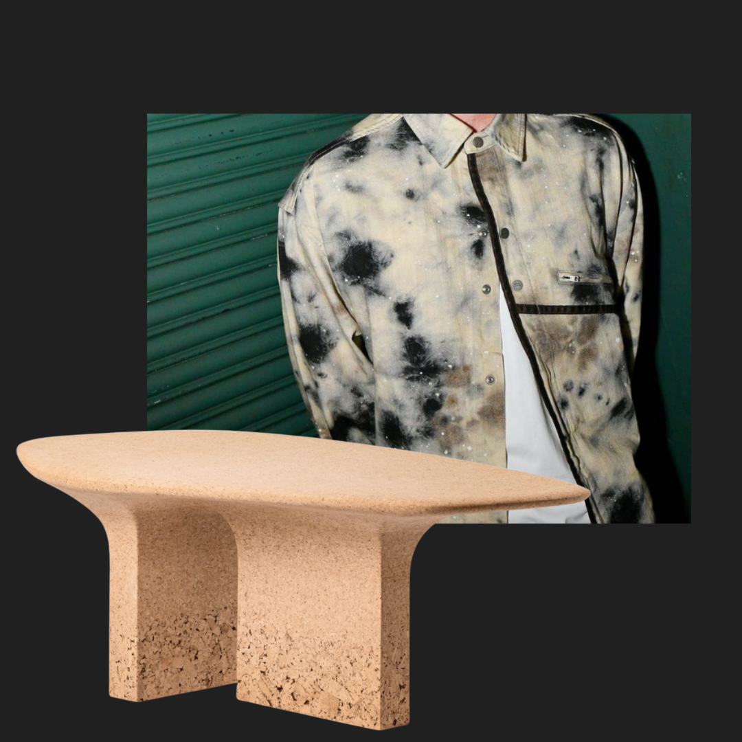 Left: Noé Duchaufour-Lawrance, Burnt Cork Table, 2021. Right: Tie-dyed button-up shirt with piping detail from A-COLD-WALL x Diesel.