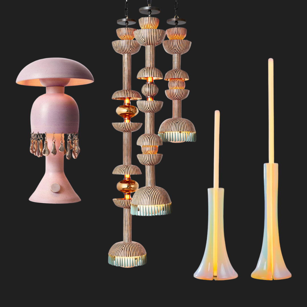Left: Jeremy Anderson, "The Periwinkles," 2023. Center: Jeremy Anderson, "Space Relics," 2024. Right: Objects of Common Interest, "Floor Lamp Lichnos I," 2023.