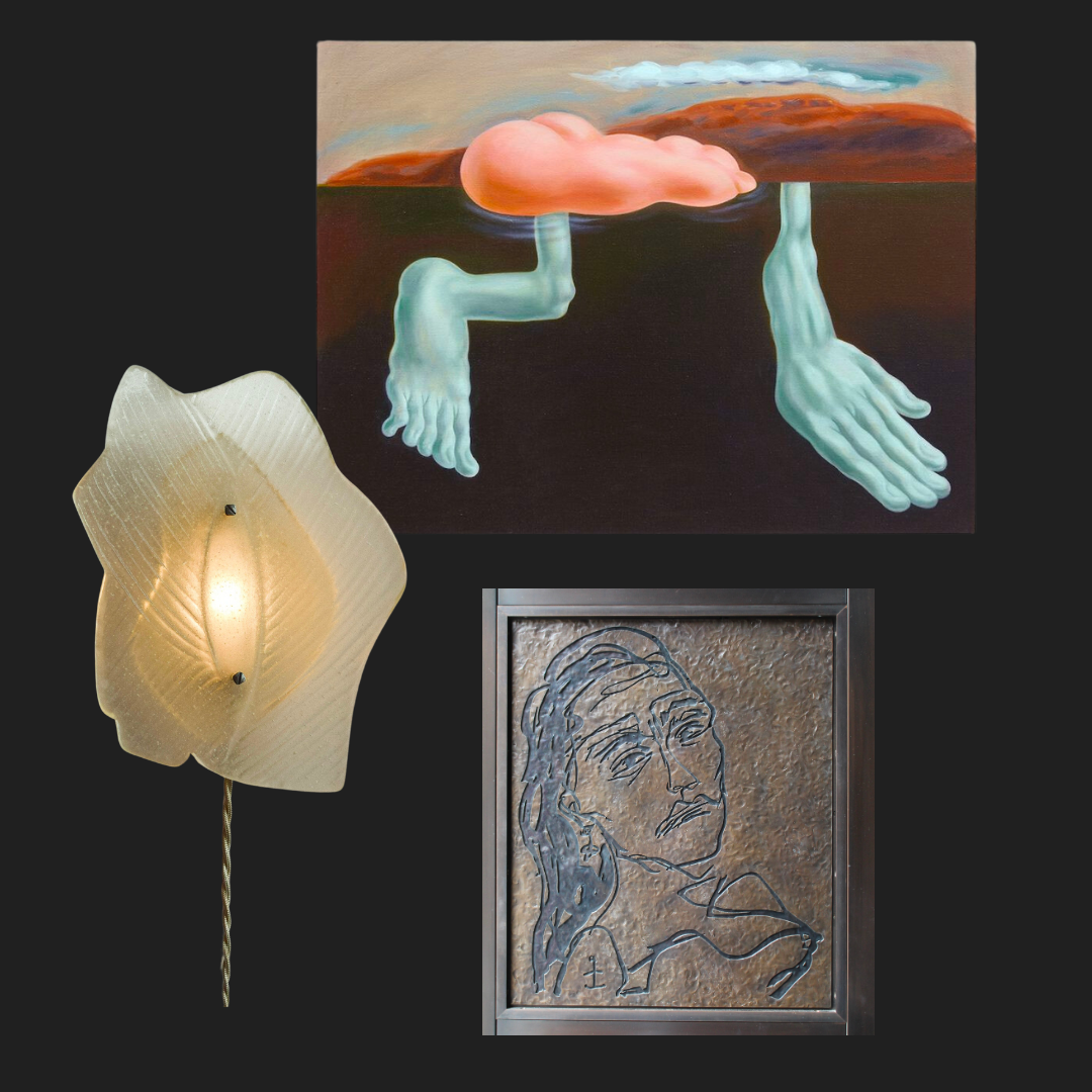 Left: Pâte de Verre sconce by Natalie Weinberger. Center: Louise Bonnet, "Bather with Orange Mountain," 2021. Right: Tracey Emin for the National Portrait Gallery (detail).