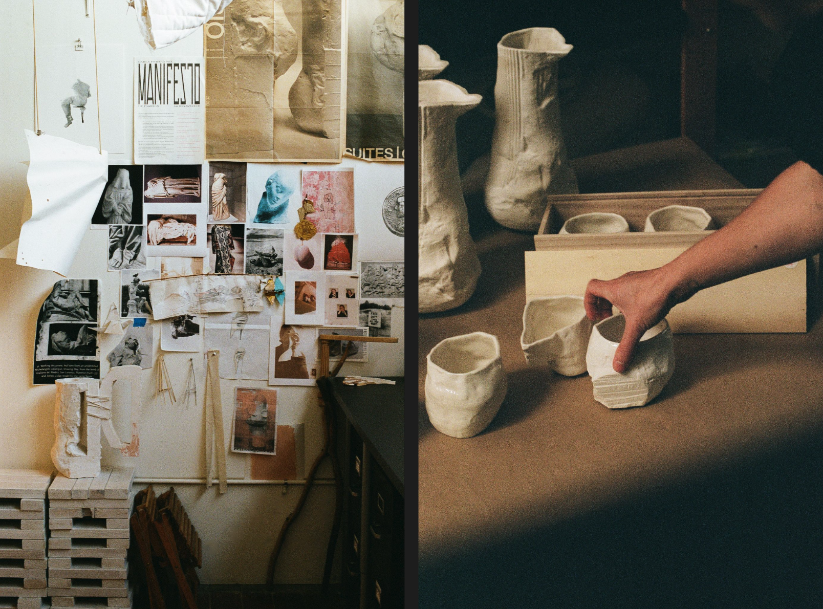 Left: A well-tuned mood board in the studio at WHITE DIRT. Right: Handmade porcelain vessels, light in presence and heavy in texture.
