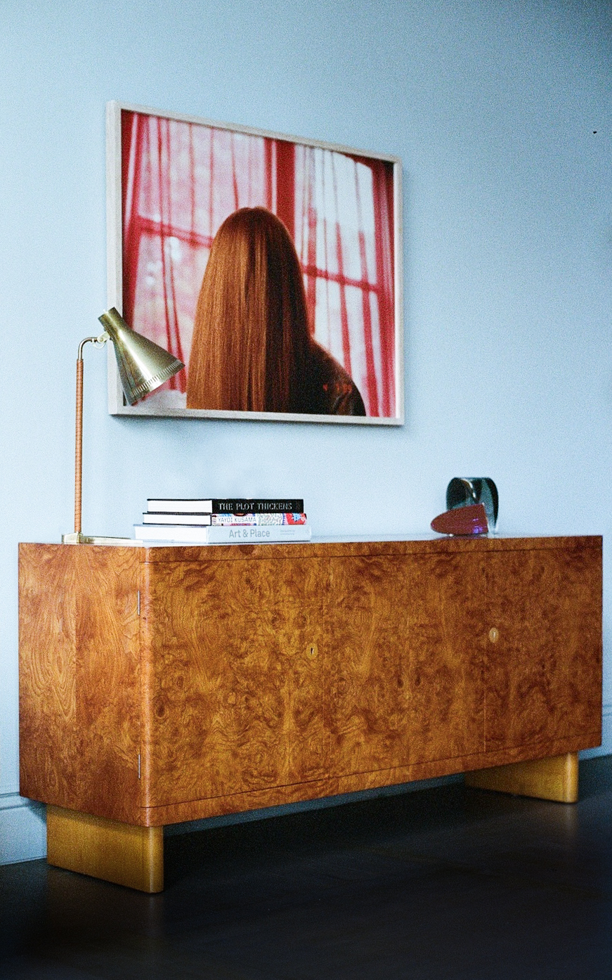 "Andrea’s Hair, SF," 2009, by Sandy Kim resonates against a 1935 Axel Einar Hjorth rare root wood sideboard accentuated by an Oy Desk Lamp by Paavo Tynell for Idman, c. 1953, both from Almond & Co.