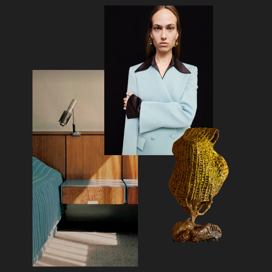 Left: SAS Royal Hotel (Radisson Collection Royal Hotel) in Copenhagen by Arne Jacobsen. Middle: Jil Sander, Pre-Fall 2022 collection. Photo by Chris Rhodes. Right: Nacho Carbonell, Yellow Light Bronze Mesh 2, 2019. Courtesy of Carpenters Workshop Gallery.