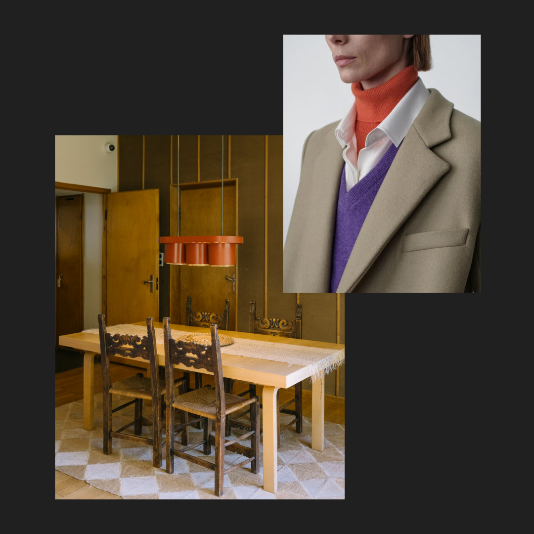 Left: Dining room at Alvar Aalto’s home in Helsinki, Finland, c. 1936. Right: The Row, Fall/Winter 2022 collection.