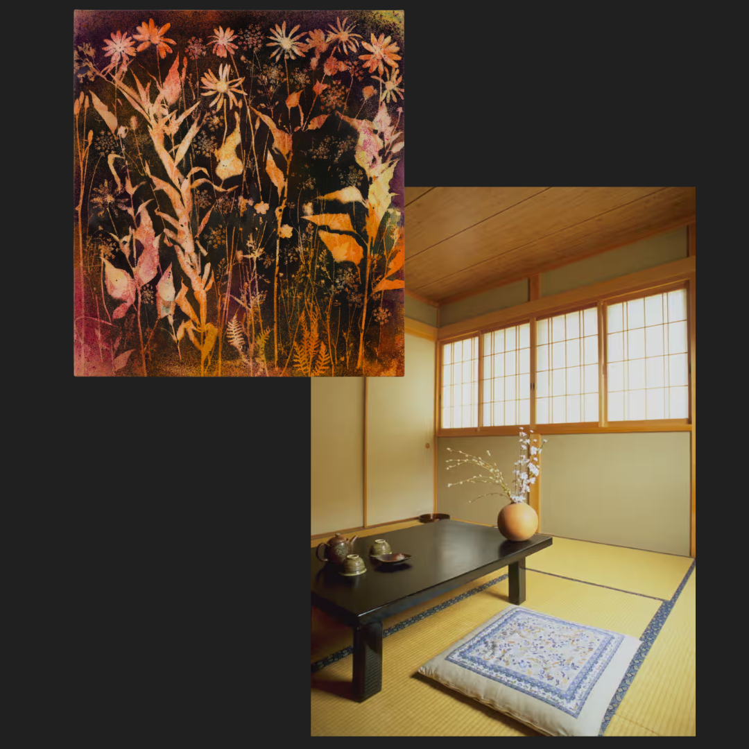 Left: Sam Falls, *Wildflowers 2*, 2022. Courtesy of Jessica Silverman Gallery. Right: A room at the Kiso Valley Tsumago ryokan in Nagano Prefecture.