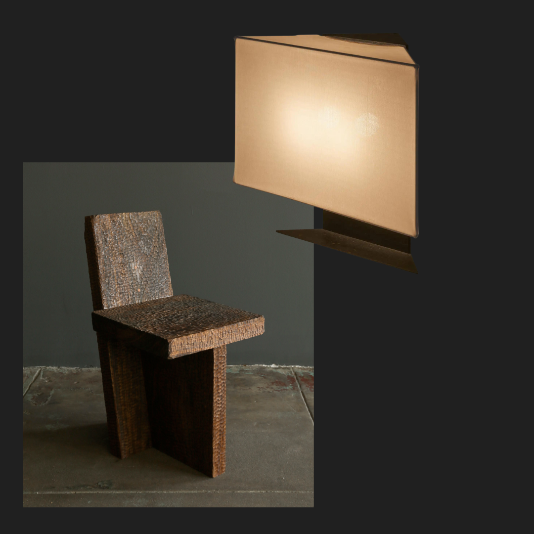 Left: Green River Project, Black Hyedua Chair, 2019. Right: Accademia Table Lamp by Cini Boeri for Artemide, c. 1978.