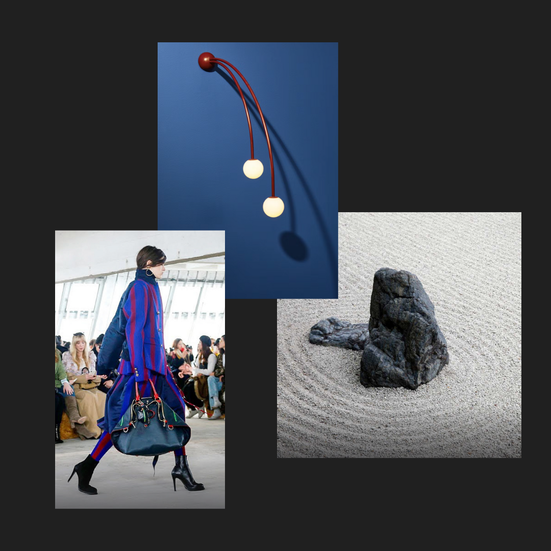 Left: Sacai Fall/Winter 2018 collection. Center: Jet Deux wall lamp by Michael Anastassiades, Fontana Amorosa collection, UK, 2017. Right: Japanese rock garden-inspired patterning.