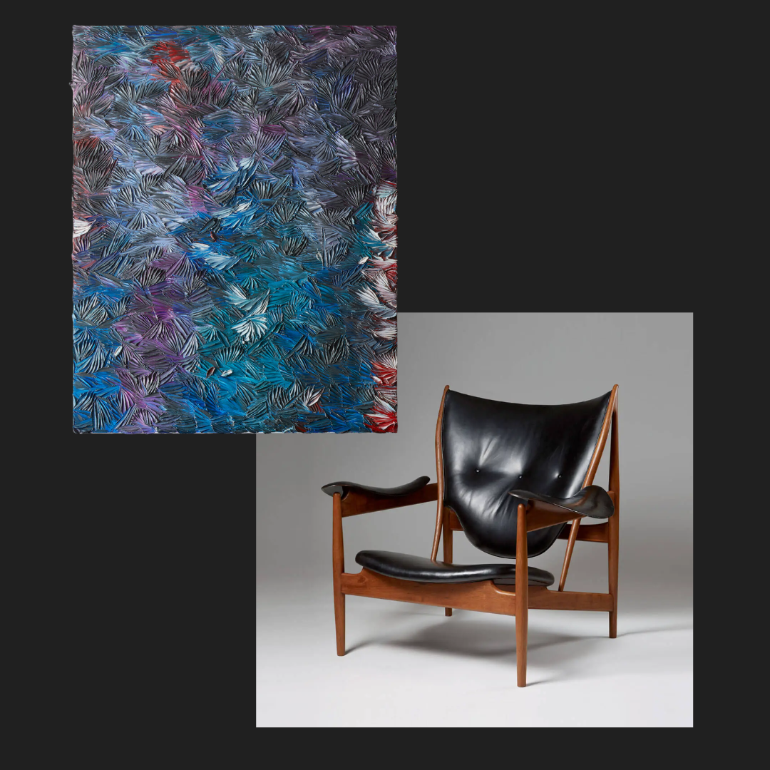 Left: Dashiell Manley, jumping the gun, 2023. Courtesy of Jessica Silverman Gallery. Right: Chieftain Chair by Finn Juhl, 1949.
