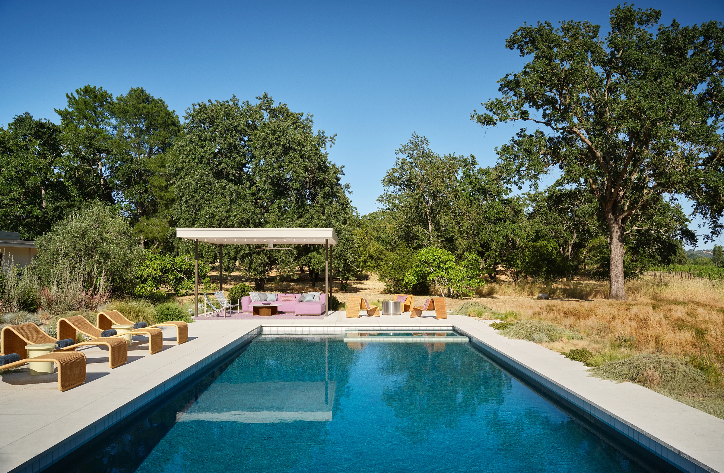Sculptural loungers and pink modular seating array around swimming pool with native grasses and mature oak trees in Sonoma Valley landscape by Lucy McFadden.