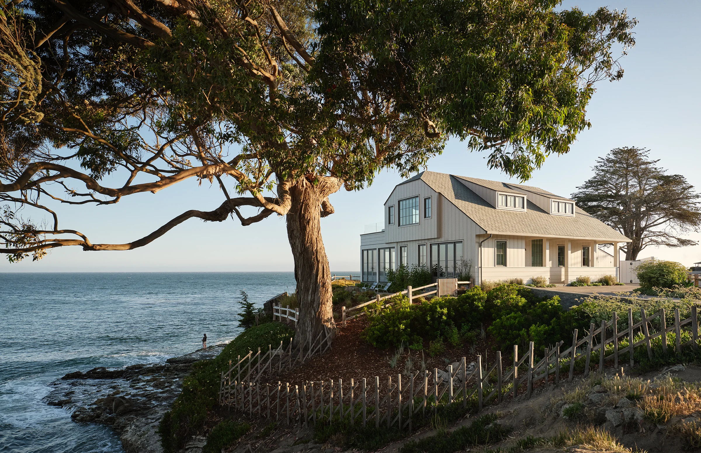 Historic 1937 Santa Cruz cliffside cottage perched above Monterey Bay at golden hour, framed by a gnarled eucalyptus tree, renovated by Chroma and architect Benjamin McGriff.